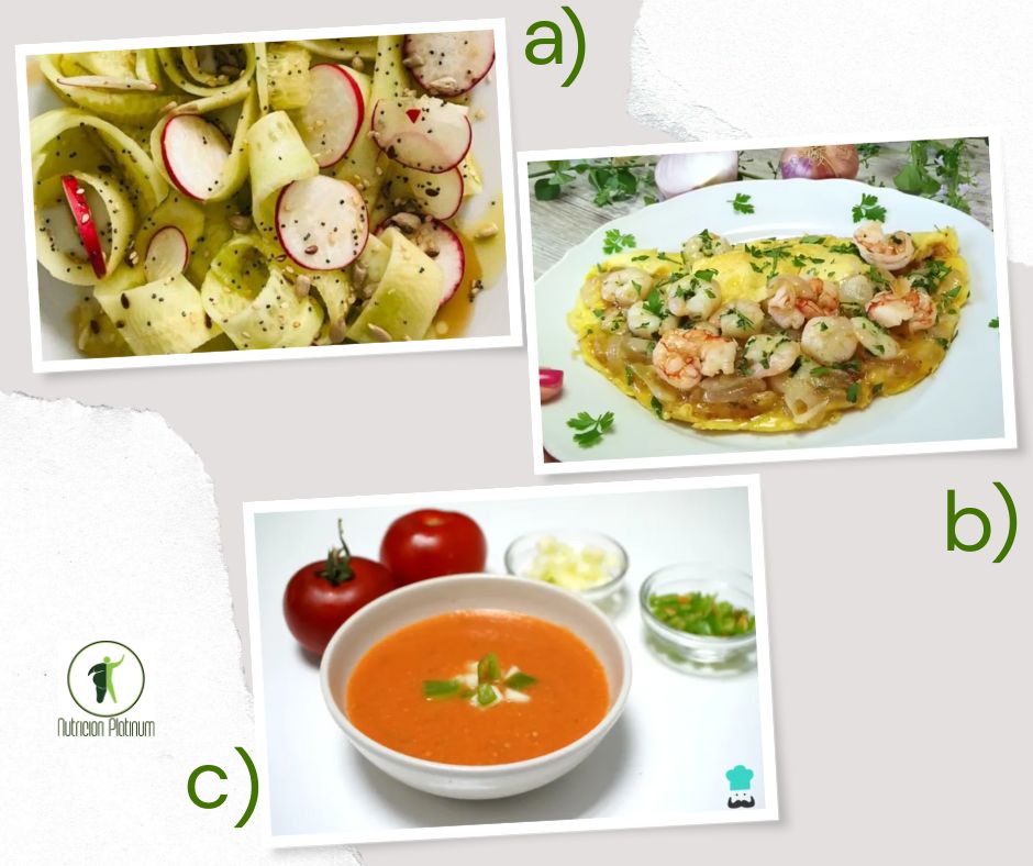 ensalada de pepino y rábano con tortilla de gambas y gazpacho andaluz